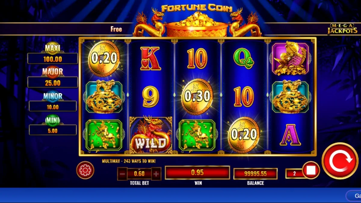 Interface do jogo Fortune Coin Mega Jackpot com símbolos orientais e moedas douradas.
