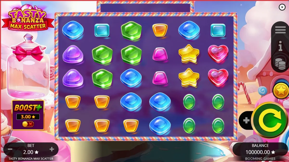 Interface do jogo Tasty Bonanza Max Scatter em um dispositivo móvel moderno